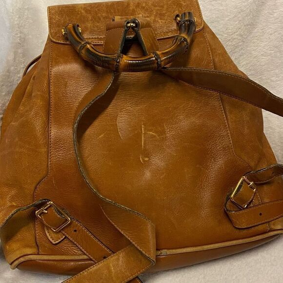 Authentic Gucci Brown Leather Bamboo Accent Mini Backpack / Large Purse *FLAWS* - Picture 4 of 12